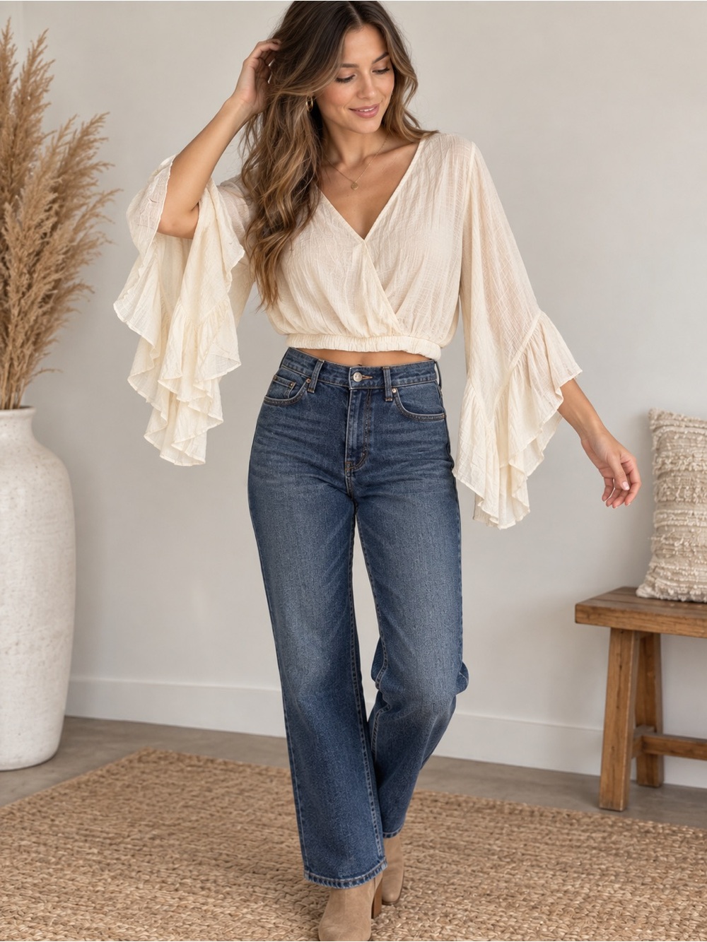 HYFVE Size L Ivory Boho Cropped Blouse Bell Sleeve Wrap Top
